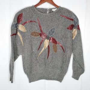 80s Silk Angora Pullover Sweater L Dolman Faux Leather Bead Floral Leaf Gray Red